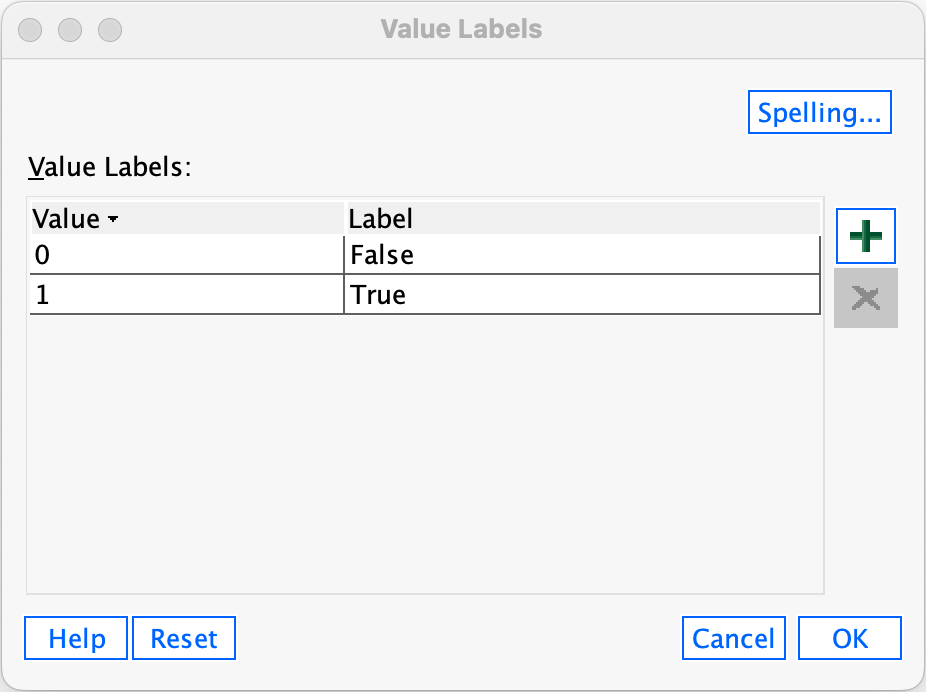 Dialog box for the value labels of the current_member
